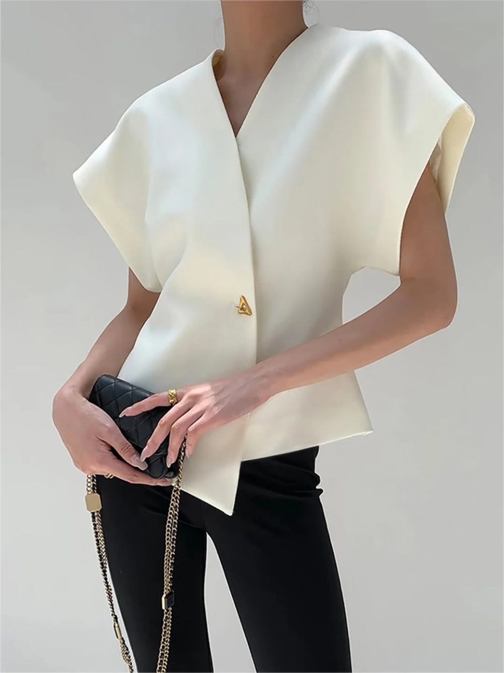 Commense Cream Structured V-Neck Cap Sleeve Top with Gold Button